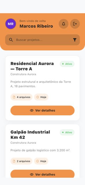 Aplicativo VizuDoc mostrando os projetos Residencial Aurora — Torre A e Galpão Industrial Km 42, cada um com o número de arquivos e o botão Ver detalhes.