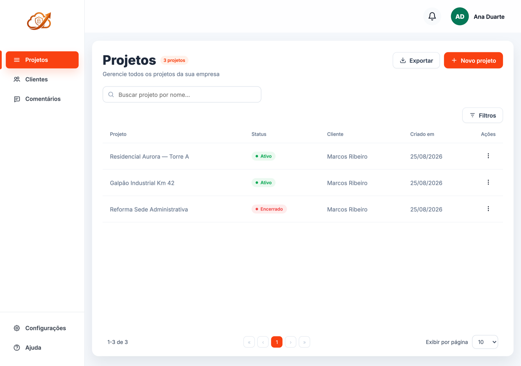 Painel da empresa no VizuDoc listando três projetos com status, cliente vinculado e data de criação.